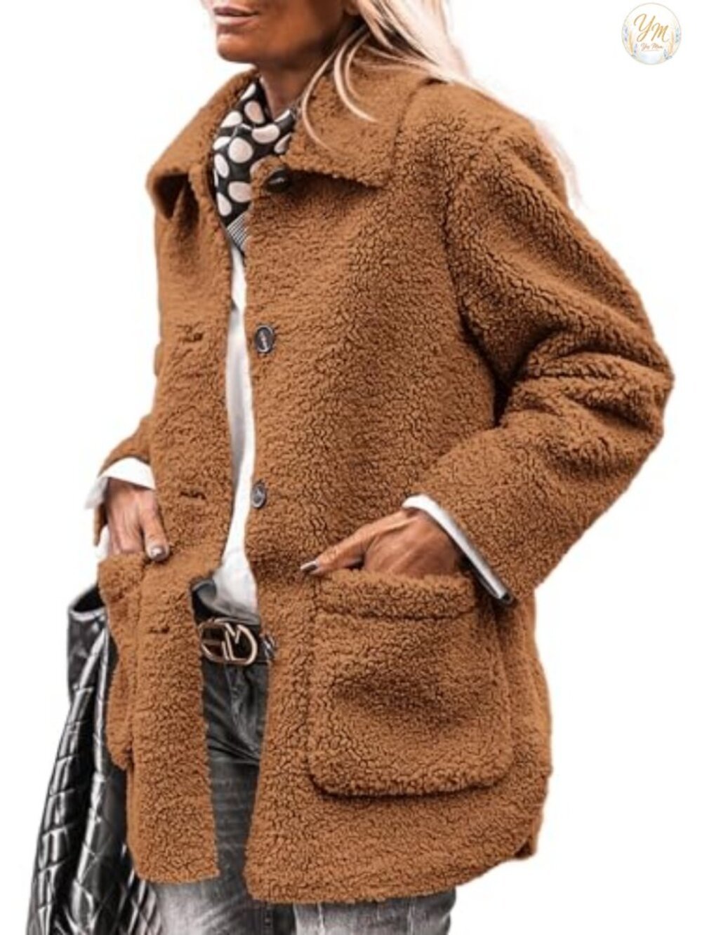 Women's Faux Fur Fleece Sherpa Coat Winter Jacket with Pockets, Lapel Collar